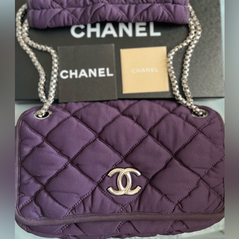 CHANEL Purple Quilted Bubble Shoulder Bag Silver CC Chain Strap Purse HOST PICK - Picture 3 of 17